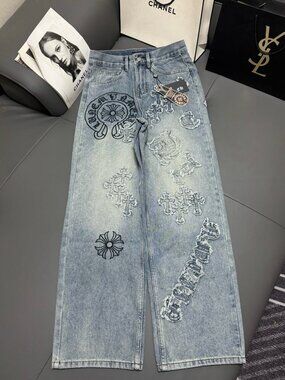 Chrome Hearts Cross Patch Distressed Wide-Leg Jeans